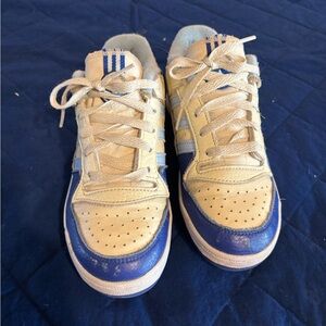 Adidas Leather Lace-Up Sneakers in Cream and Blue